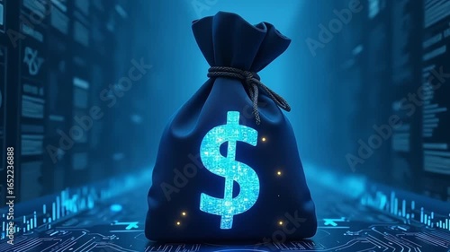 Futuristic money bag on a circuit board with digital dollar sign and network background