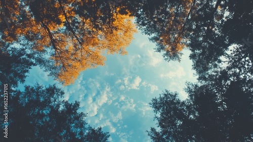 Looking up at autumn trees and sky
