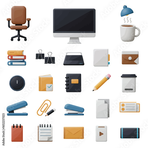 A collection of office-related icons including a chair, computer, stationery, and other desk items arranged on a white background.