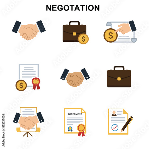 Illustration depicting business negotiation through handshakes, contracts, briefcases, and money.