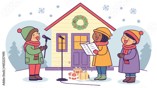 Christmas Carolers Singing with Gift Boxes – Festive Holiday Choir Illustration for Winter Celebration