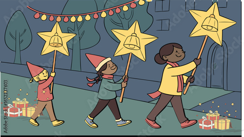 Christmas Lantern Parade with Gift Boxes – Festive Holiday Celebration Illustration for Winter Season