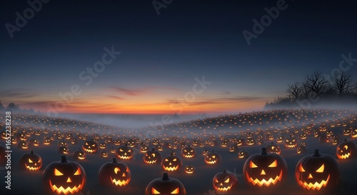 Endless field of jack o lanterns glowing at dusk in misty valley,spooky Halloween horizon landscape with fog,sunset and thousands of pumpkins
