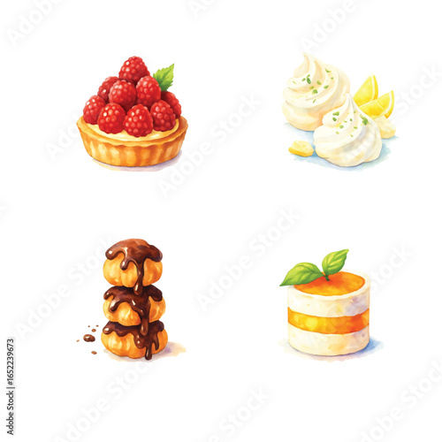 Watercolor Illustrations of Classic French Pastries and Desserts Bundle—Raspberry Tart, Meringues, Cream Puffs, Mango-Basil. Watercolor Illustration. Design Element. Clip art. Suitable for artwork 