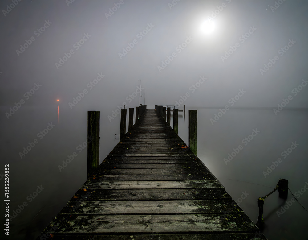 Obraz premium Lakeside Jetty With Fog And Lantern Reflections