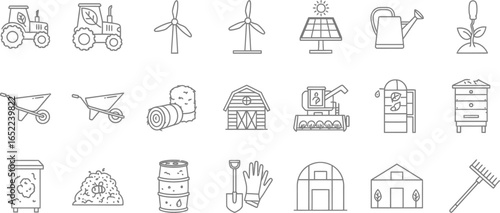 Vector art of farm and agriculture icons, showcasing equipment, tools, and structures used in farming and sustainable practices