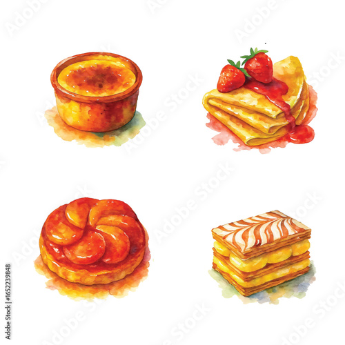 Watercolor Illustrations of Classic French Pastries and Desserts Bundle—Crème Brûlée, Crepes, Tarte Tatin, Mille Feuille. Watercolor Illustration. Design Element. Clip art. Suitable for artwork 
