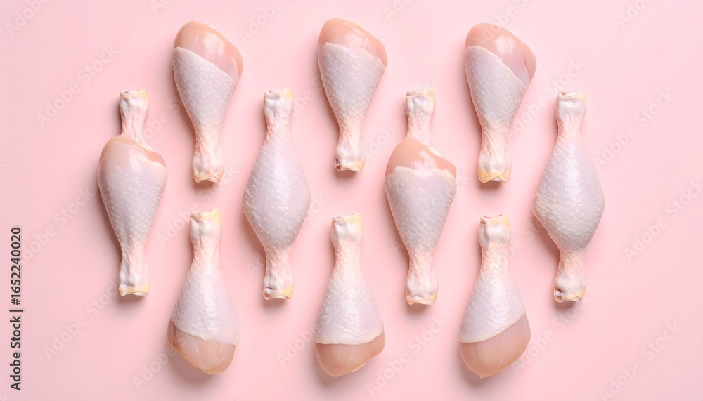 Fototapeta premium Raw chicken drumsticks arranged on a soft pink background, top-down view
