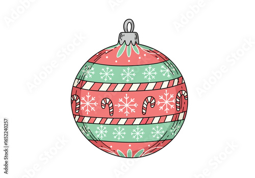 Colorful isolated Christmas ball illustration. Hand-drawn holiday ornament with traditional festive symbols like snowflakes and candy canes.