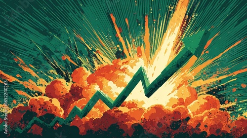 Stock Market High Profit Concept: Illustration of a Green Arrow Soaring Upwards with Explosion, Representing Profit Rise, Business Growth, and Bullish Market Success