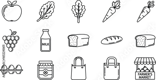 Vector art of collection of fresh food and grocery sketches, featuring various healthy items in simple line drawings for market and nutrition concepts