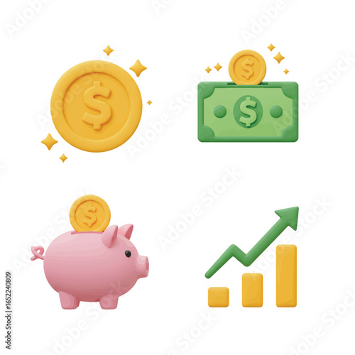 Four 3D rendered icons depicting financial growth: a coin, money, a piggy bank, and an upward trending bar graph.