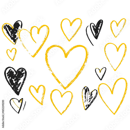 Black crayon hand drawn hearts set. Childish doodled heart collection. Grunge rough brush stroke romance love element pack for collage, poster, sticker. Sketched wax pencil symbols. Vector