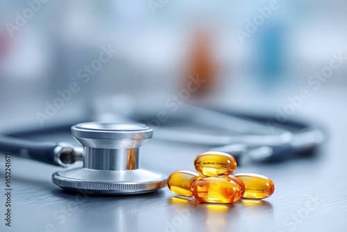 stethoscope and yellow pills