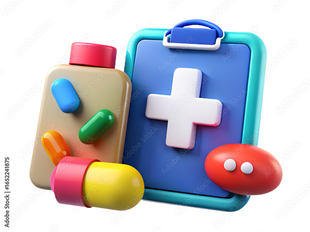 Obraz premium 3d rendering of medical supplies including a clipboard with a white cross and various pills isolated on transparent background