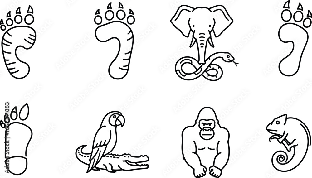Obraz premium Vector art of a set of animal footprints and animals, including elephant, snake, parrot, crocodile, gorilla, and chameleon in vector format