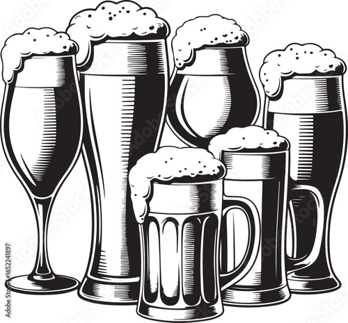 Monochrome Beer Glasses Vector Illustration with Foam and Bubbles