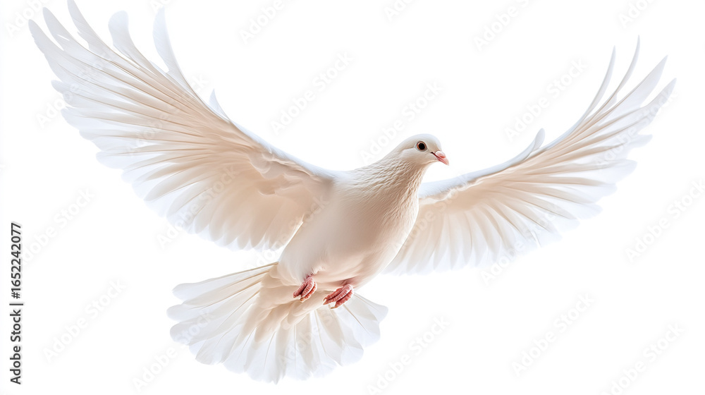 Obraz premium White Dove Flying with Spread Wings, Symbolizing Peace and Freedom