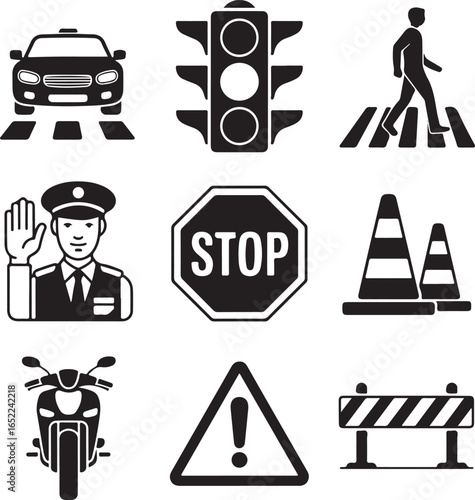 Traffic Safety Vector Icons Set Car, Traffic Light, Pedestrian, Stop Sign