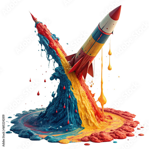 Dynamic rocket launch explodes with vibrant, colorful liquid plumes symbolizing innovation and progress
