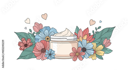 Enchanting skincare jar surrounded by pastel flowers and gentle hearts, perfect for beauty brands.