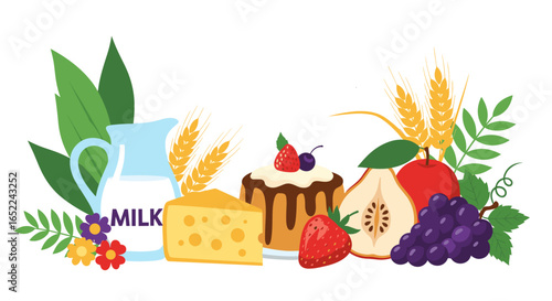 Abundant fresh farm produce including milk, cheese, fruits, cake, and wheat stalks