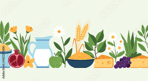 Vibrant harvest bounty with fresh fruits, dairy, grains, and flowers, celebrating nature's goodness