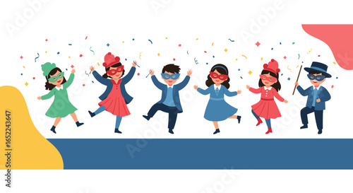 Joyful children celebrate with masks and confetti, capturing festive party spirit and childhood fun