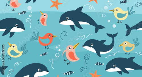 Whimsical ocean scene with playful dolphins, cute birds, and starfish, perfect for kids' designs