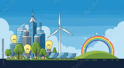 Sustainable city skyline powered by wind energy and solar panels with bright ideas and rainbow