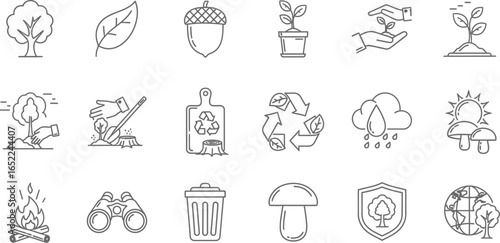 Vector art of a set of handdrawn line art illustrations representing environmental themes, including trees, leaves, recycling, and conservation