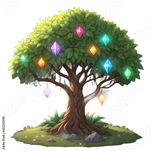 Magical tree with glowing gemstones and fantasy elements