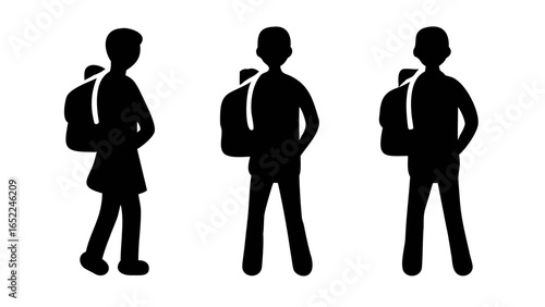 Silhouette School Adventure: Three silhouettes of students, each poised with a backpack, epitomize the journey of schooling. A black and white shot showcasing the anticipation of learning.