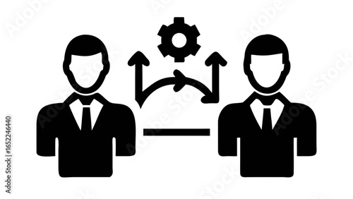 Business Collaboration Concept: A black and white illustrative representation of two individuals in suits, symbolizing business professionals, engaged in collaborative efforts.