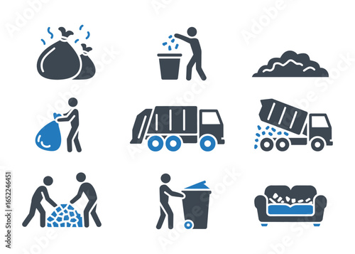 Waste management and garbage collection icons set