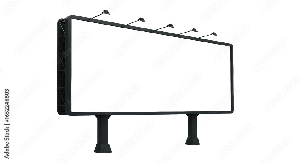 Obraz premium Empty, modern, rectangular outdoor billboard with dark frame and support poles, isolated against a transparent studio background with copy space, concept for advertising potential