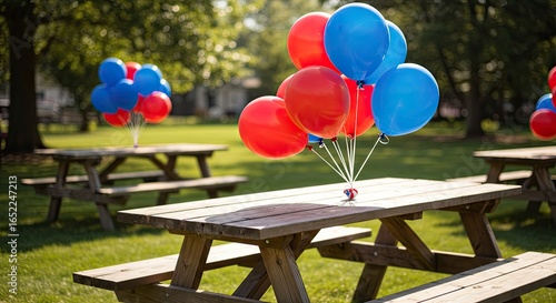Red White and Blue Balloons on Picnic Table in Park.