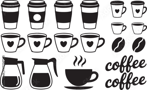 Coffee Collection: Cups, Beans, and Pots in Black and White Silhouette