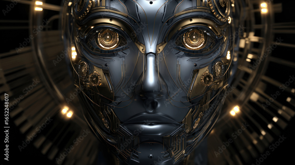 Fototapeta premium Close-up of a robot's faceplate with intricate mechanical details and glowing elements, futuristic design. Artificial Intelligence, Futuristic