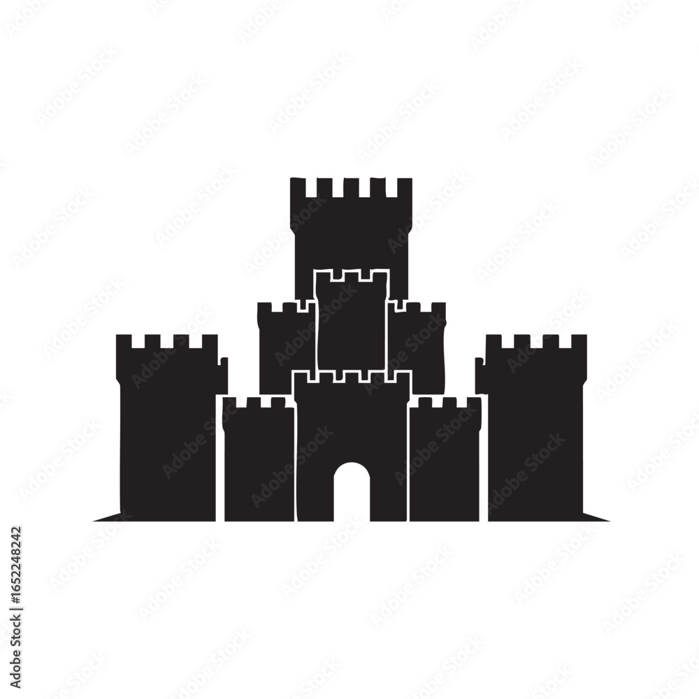 Naklejka premium Silhouette of a Medieval Castle Fortress with Towers and Crenellations Against a White Background Representing History and Architecture