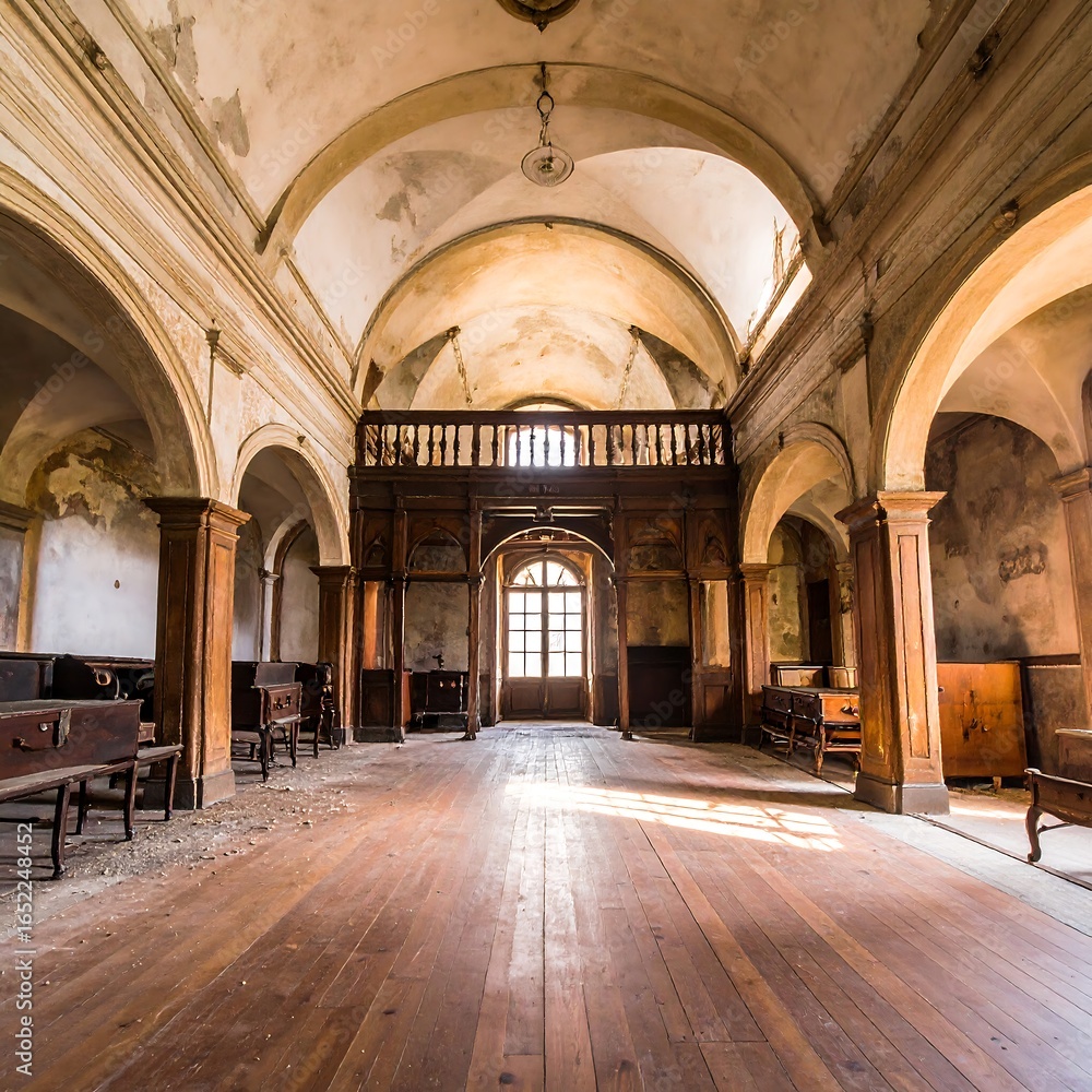 Obraz premium Sunlit interior of a decaying chapel, showing aged wooden flooring, pews, and arched architecture with peeling plaster