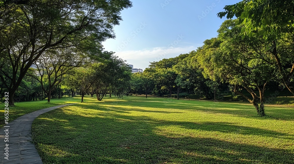 Fototapeta premium Park path winds through lush green trees