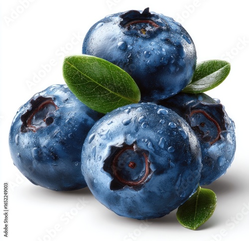 Fresh blueberries, close-up, with dew drops and leaves