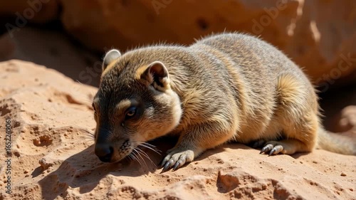 Agile rock hyrax moving across warm sunbaked rocks, alert and curious animal behavior in natural habitat, wildlife footage for documentaries