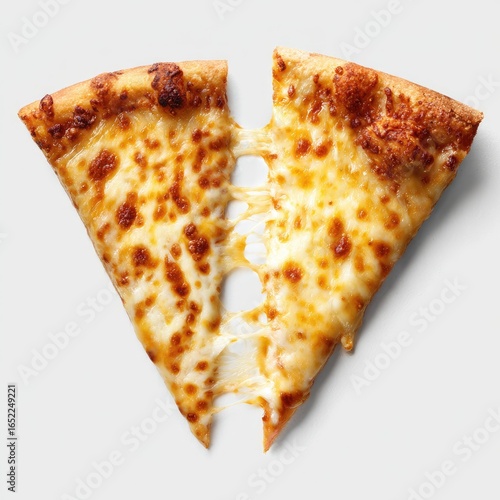 A single slice of cheese pizza, halved, with melted, stringy cheese