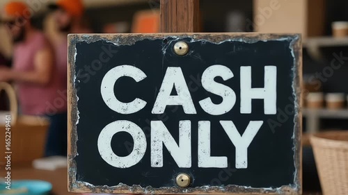 Rustic cash only sign displayed at an outdoor market with blurred background scene
