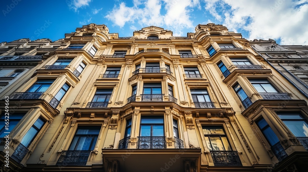 Fototapeta premium Ornate yellow building facade, many windows, balconies
