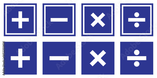 Four basic mathematical operation symbols plus minus multiply and divide. Plus, minus icon set. Calculator, math icon. EPS 10