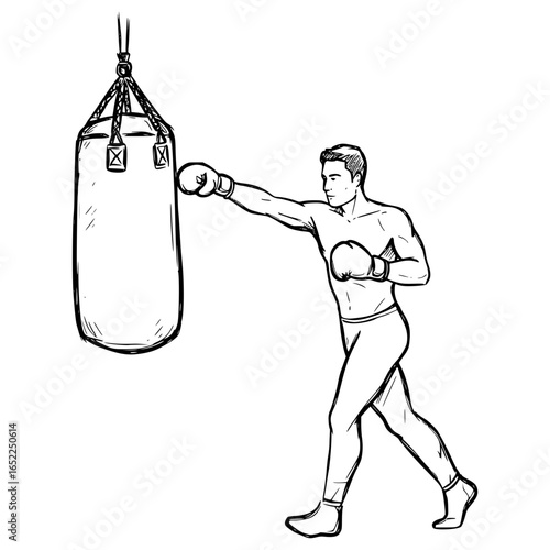 Male boxer punching a heavy bag in training session, sketch style, isolated vector image on transparent background, pencil drawing  