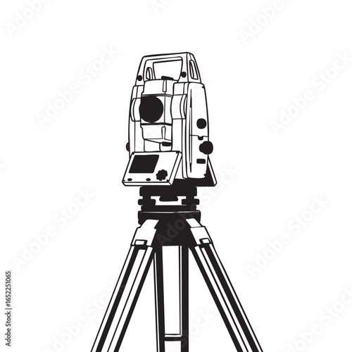 Theodolite instrument on tripod for surveying and mapping black and white outline drawing vector illustration detailed isolated on white